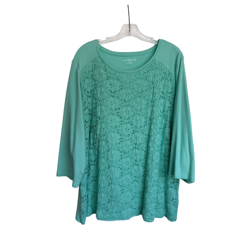 Croft & Barrow Womens 2X Mint Green Lace Front 3/4 Sleeve Top Crew Neck Blouse